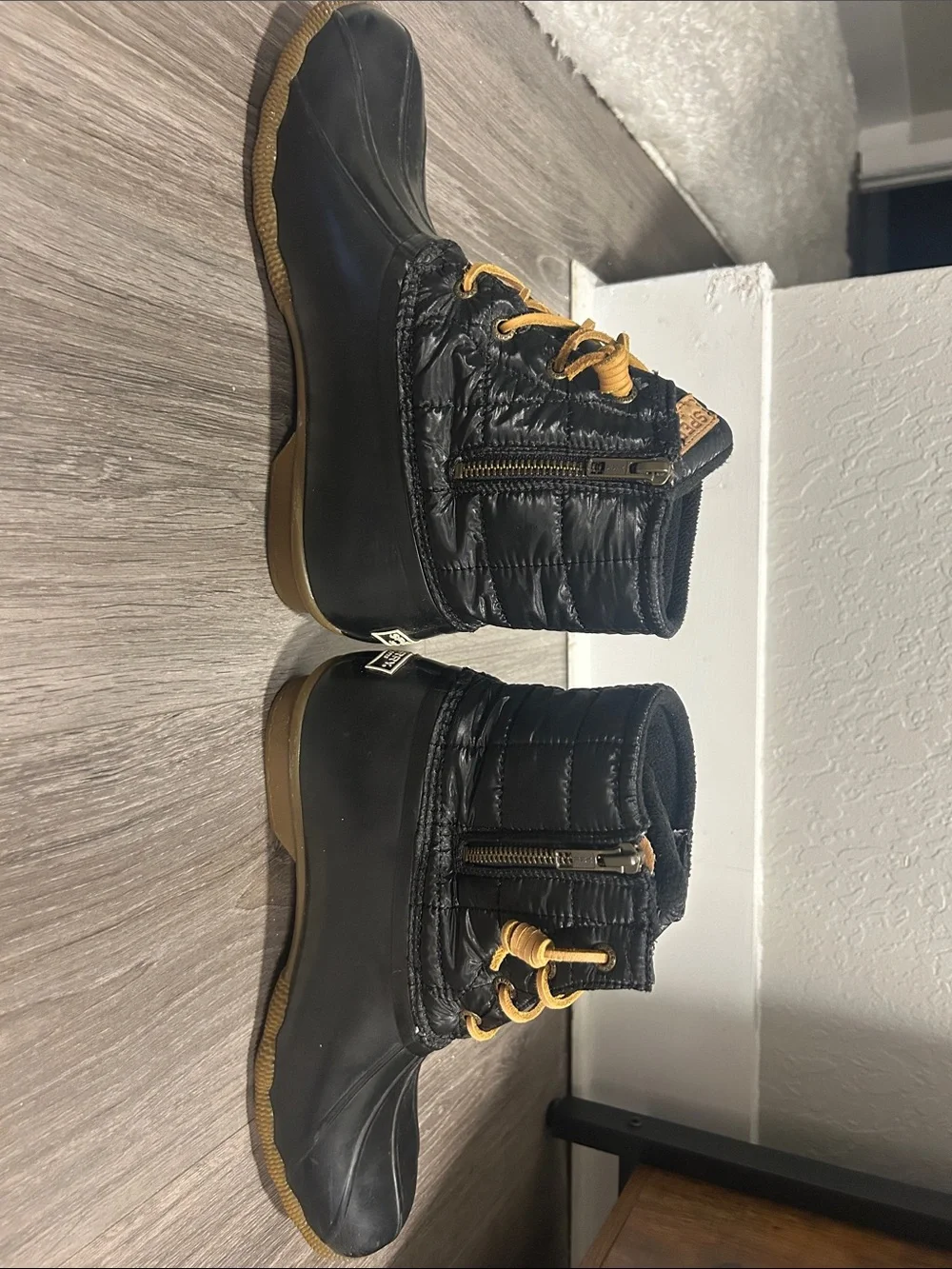 Sperry Black Waterproof Duck Boots with Tan Laces